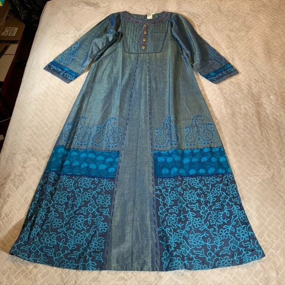 Sara Womens Small Maxi Dress Blue Long Sleeve Paisley Beaded India Shoulder Pads